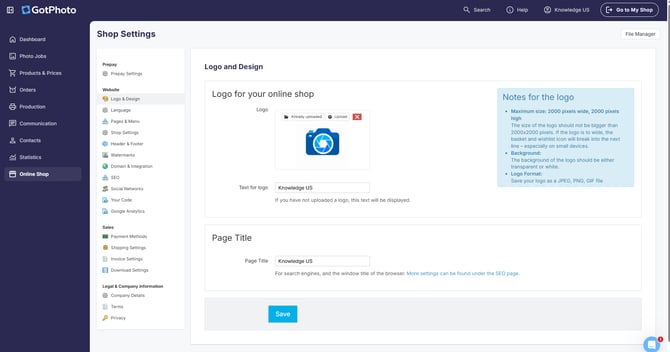 Logo & Design settings page with logo upload and page title fields