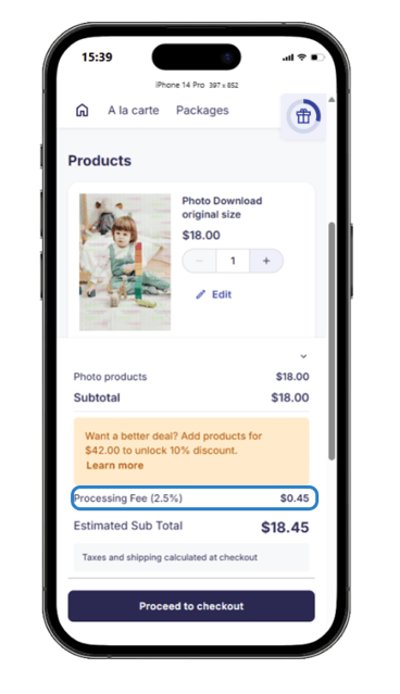 Handling fee shown as its own line item in the cart, between the subtotal and tax