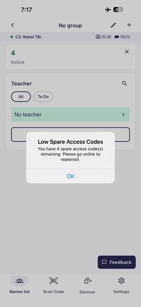 GotPhoto App Error: Low Spare Access Codes