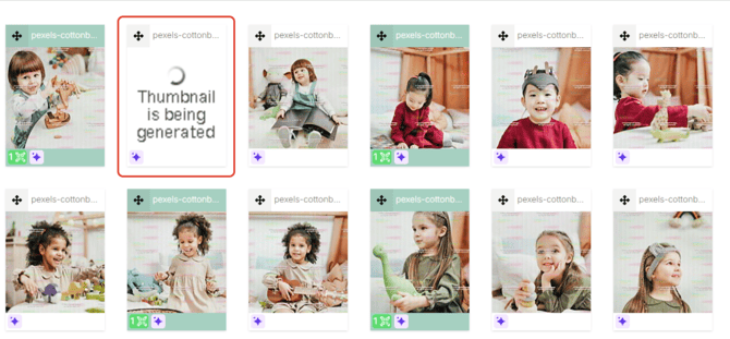 Photo grid with one thumbnail still generating, highlighted, alongside the rest of the sorted photos