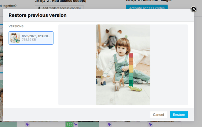 Restore previous version dialog listing a saved photo version with Cancel and Restore buttons