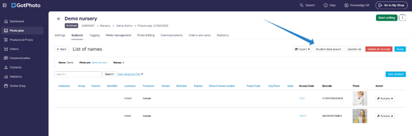 Student data export button in the names list.