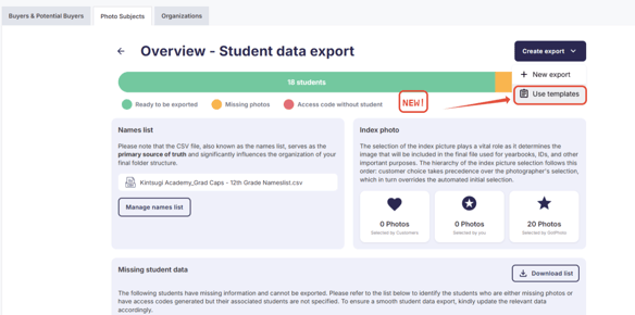 Use templates option in the Create export dropdown menu.