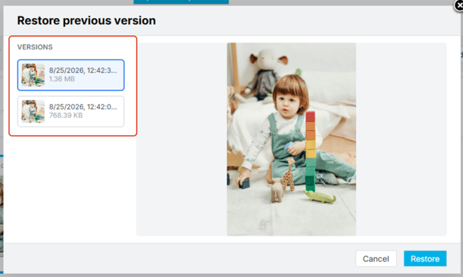 Restore previous version dialog with two saved versions listed and one selected