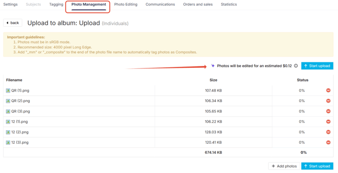 Photo Management price estimate before QR card images are excluded