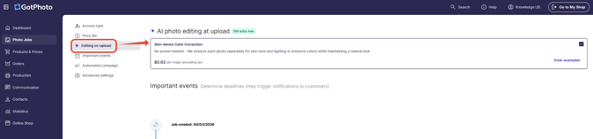 Job settings page showing Photo Editing at Upload bundle