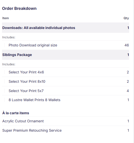 Sample order breakdown