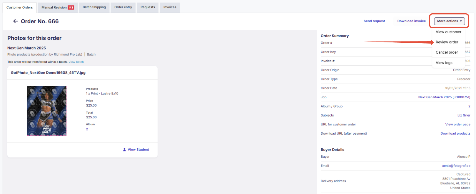 Review Order option returning order to Manual Revision tab