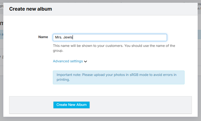 GotPhoto interface for naming a new album.