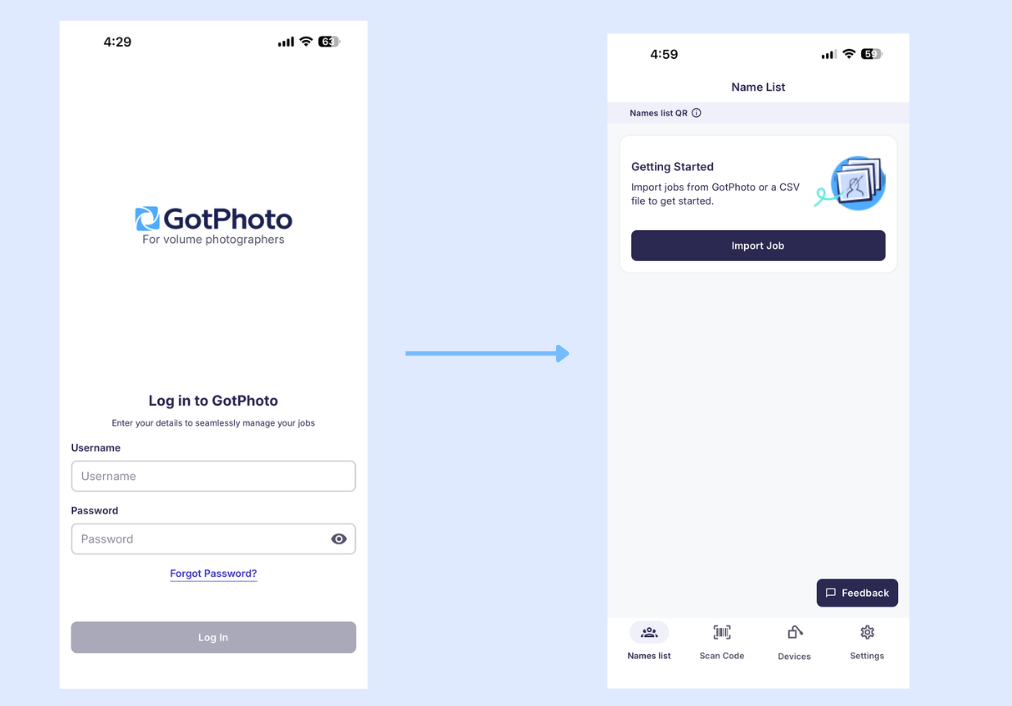 GotPhoto login screen in the GotPhoto app