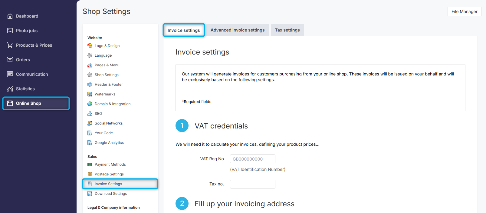 Invoice Settings tab view in GotPhoto