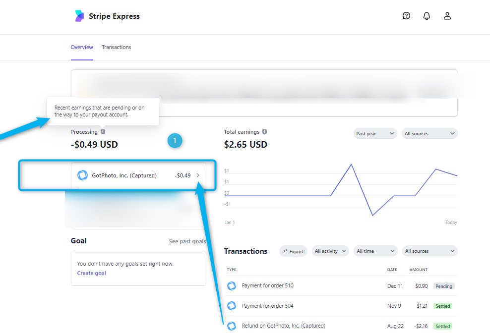Stripe activity log showing payments and payouts