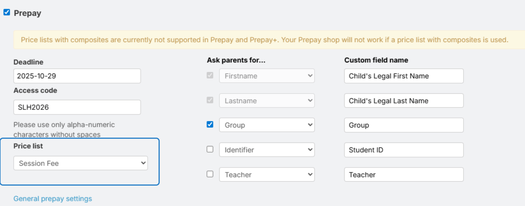 Prepay enabled in the photo job settings