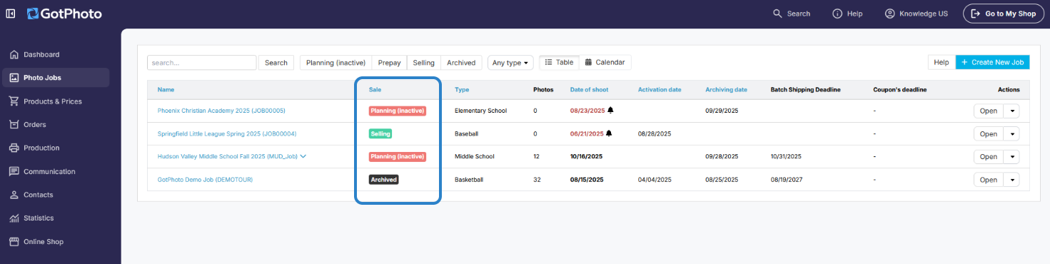 Main job overview page displaying job status labels next to each job.