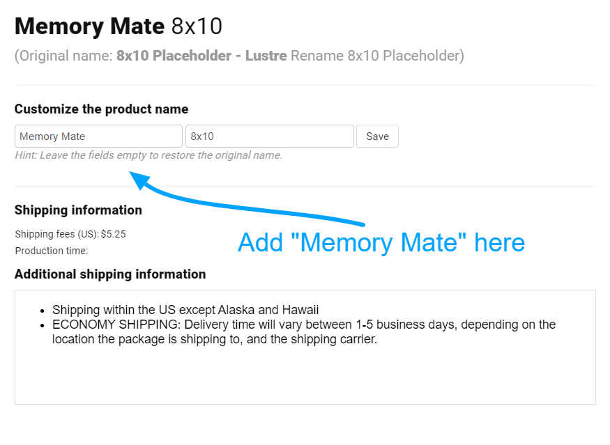 Package editor adding an 8x10 placeholder for Memory Mate