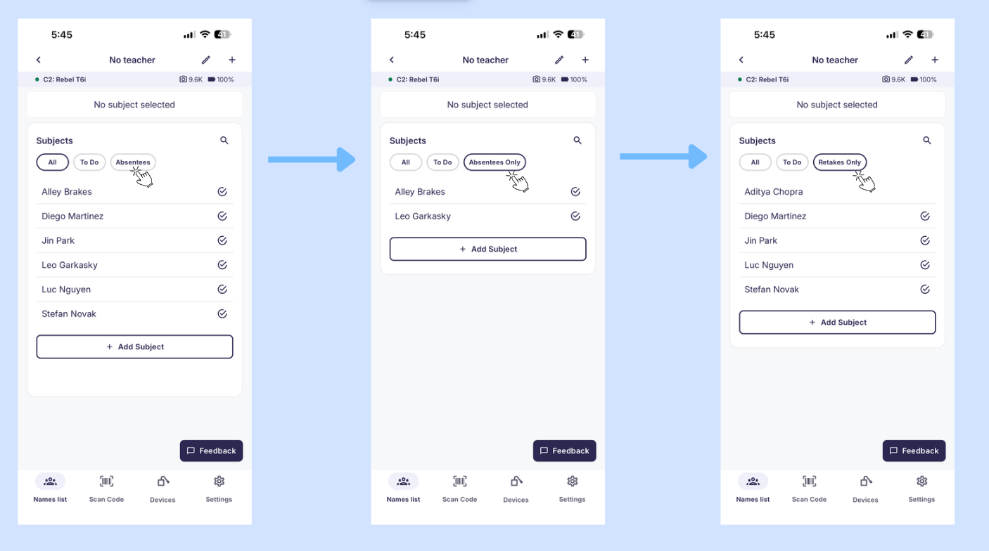 Absentees and Retakes filter states demonstrating the multi-step toggle behavior in the GotPhoto app