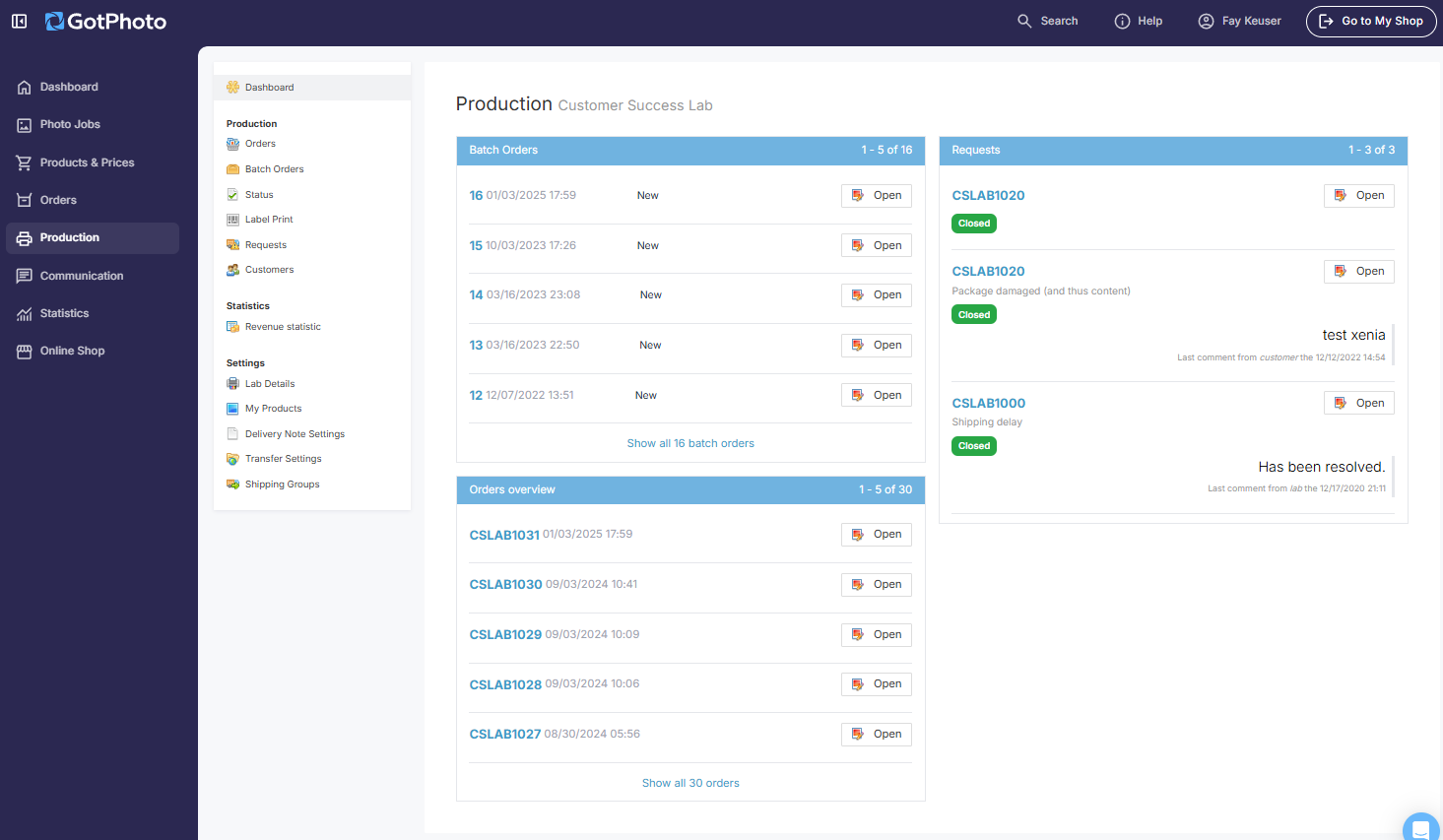 Production tab overview with navigation and setup steps