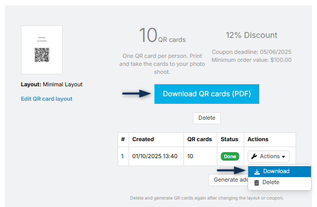 Download options from QR cards action menu.