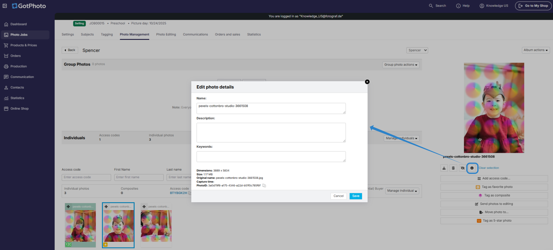 Screenshot showing the current photo details.