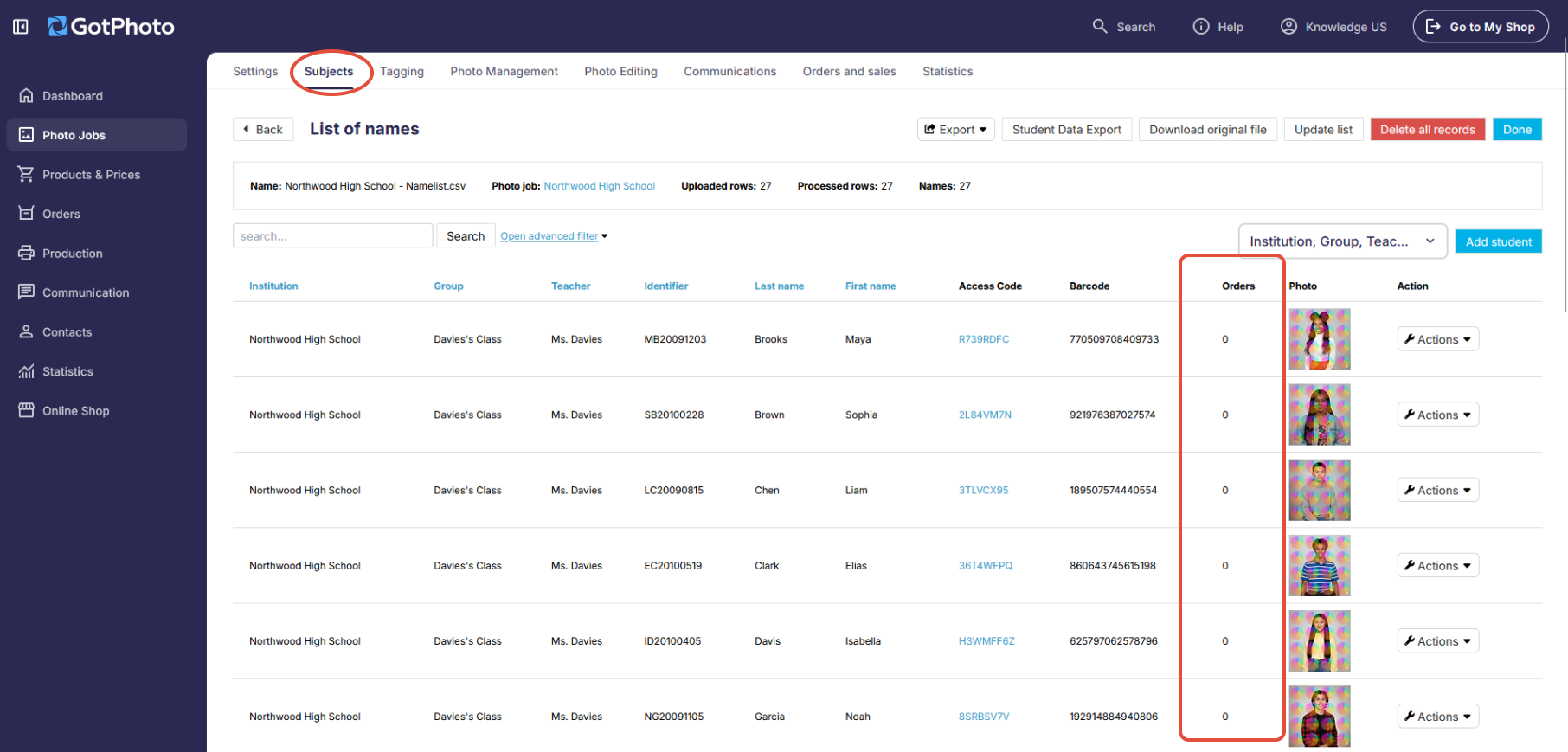 Screenshot of the Subjects tab showing the order column to identify access codes without orders.