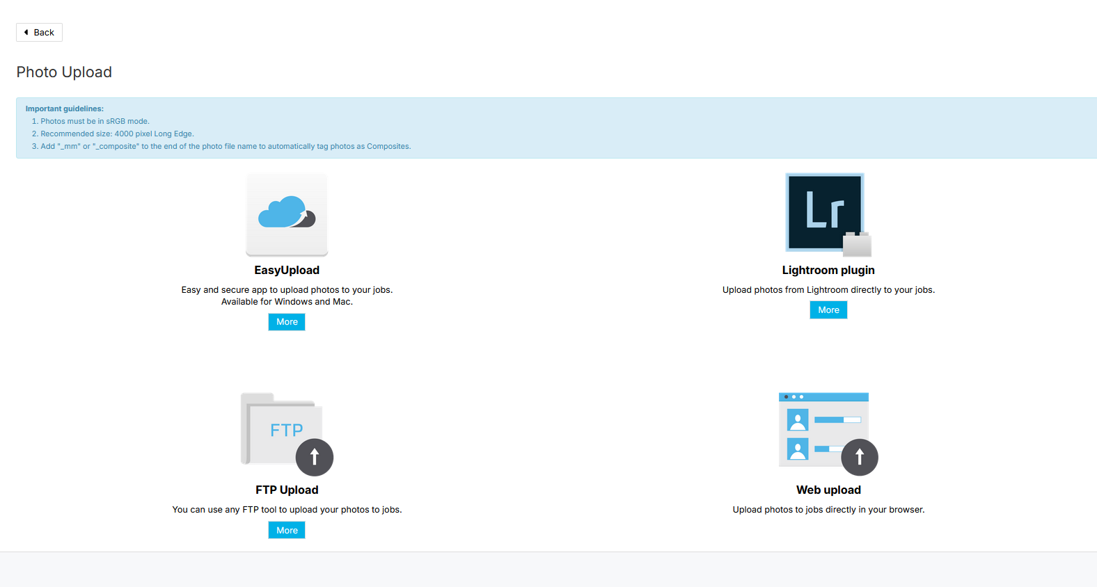 Example view of upload method options