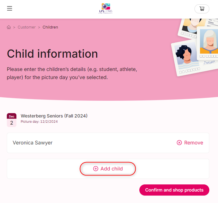 Child information page displaying Veronica Sawyer, with 'Add child' and 'Confirm and shop products' buttons.