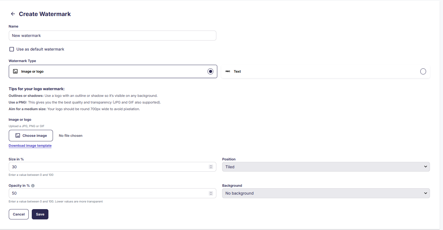 GotPhoto interface for uploading and adjusting watermark position.