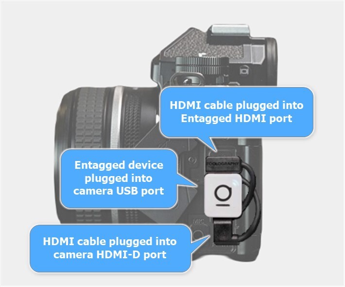 An image showing the Entagged M device attached to a Nikon camera via the magnetic USB plug, with the HDMI cable also connected.