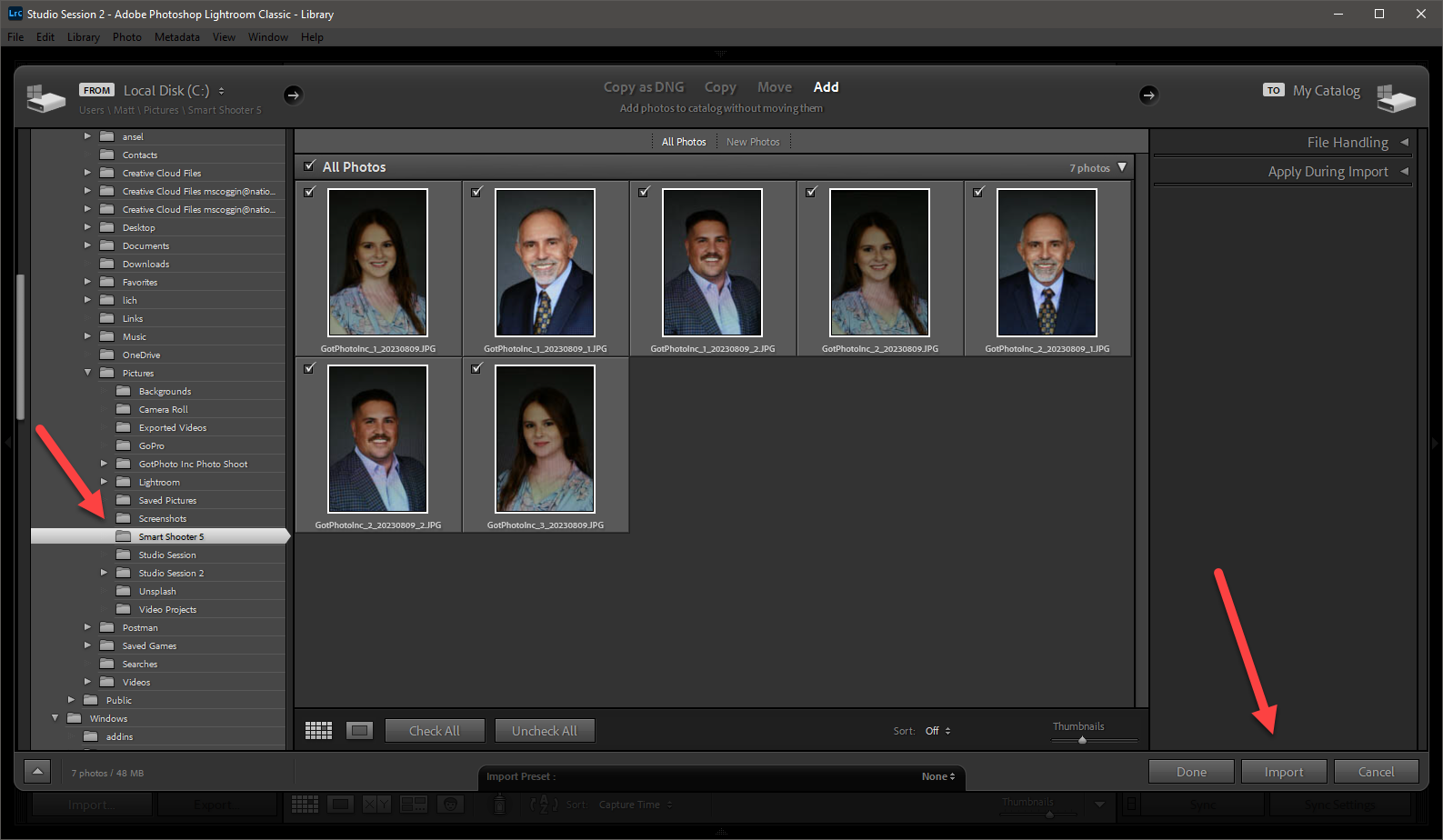 Lightroom image import screen