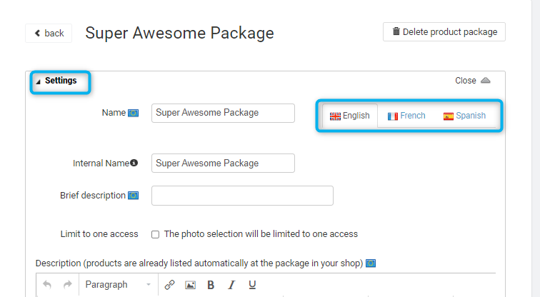 Package settings showing translation fields