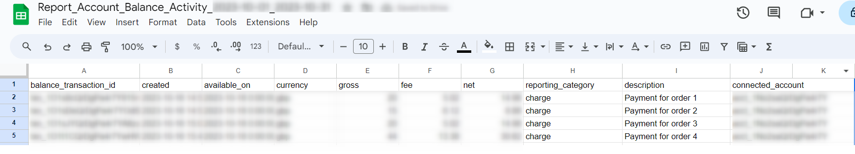 Activity-based balance change export