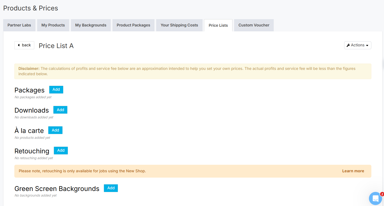 Item selectors showing Add buttons for packages, downloads, à la carte, retouching, and backgrounds