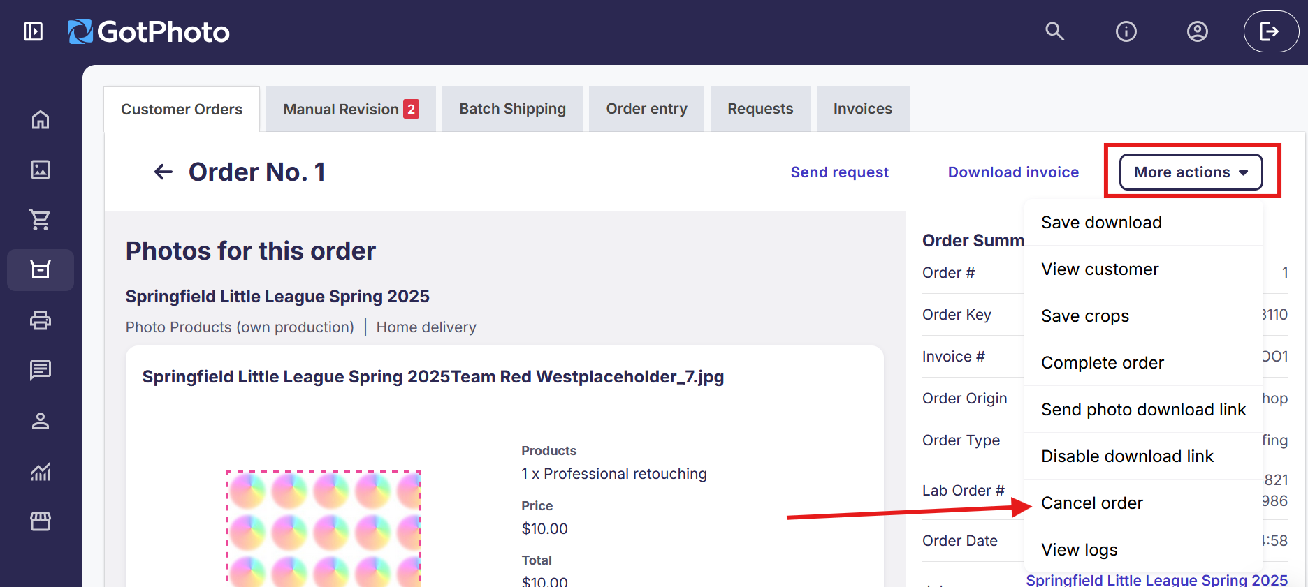 Cancel order button on order page under More actions