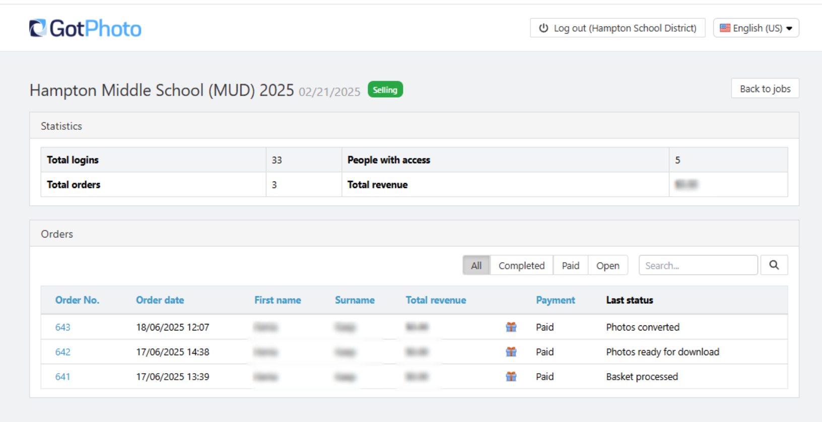 School Portal job details view displaying order statistics and performance data for a connected job.