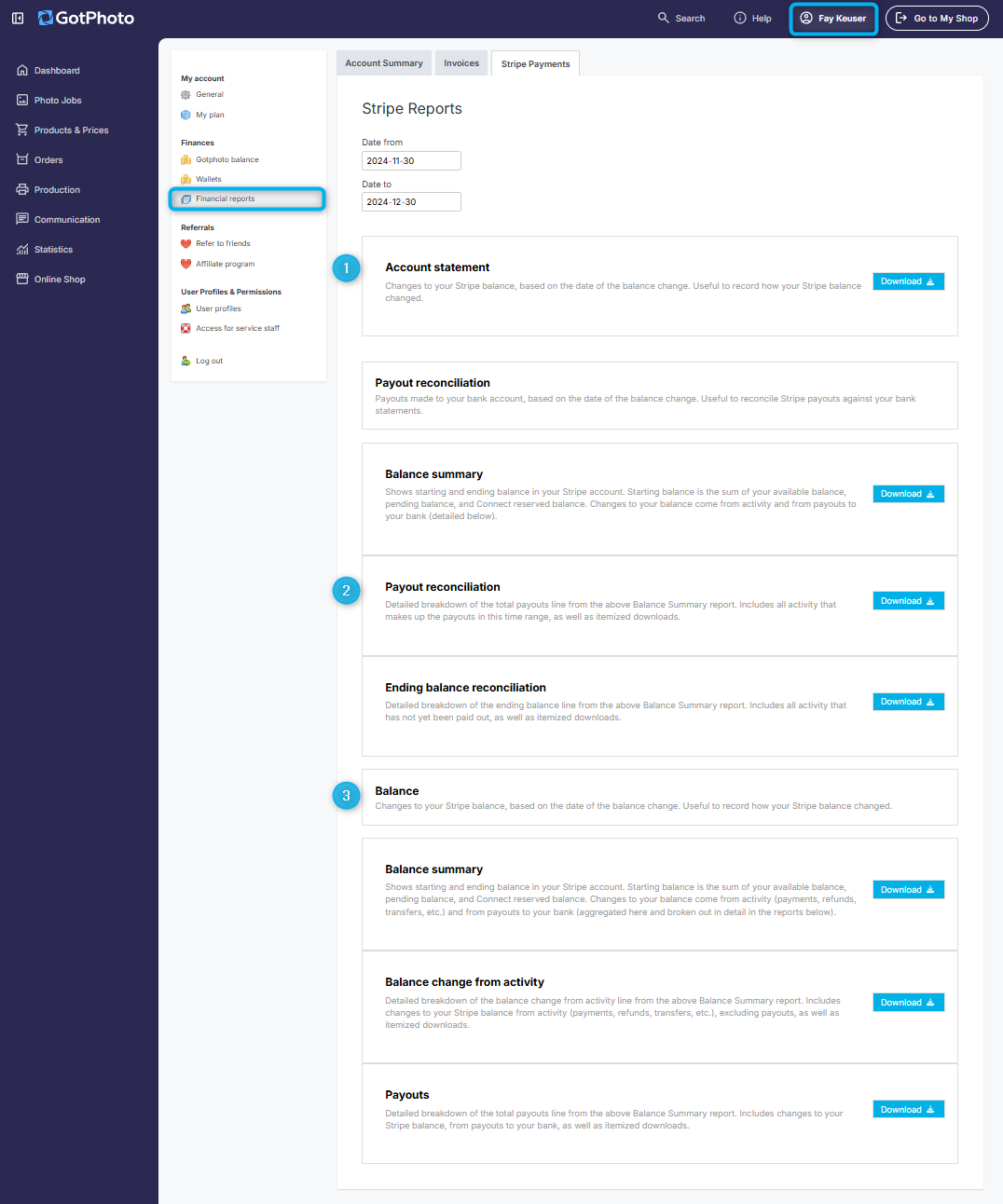 Financial reports download section in GotPhoto