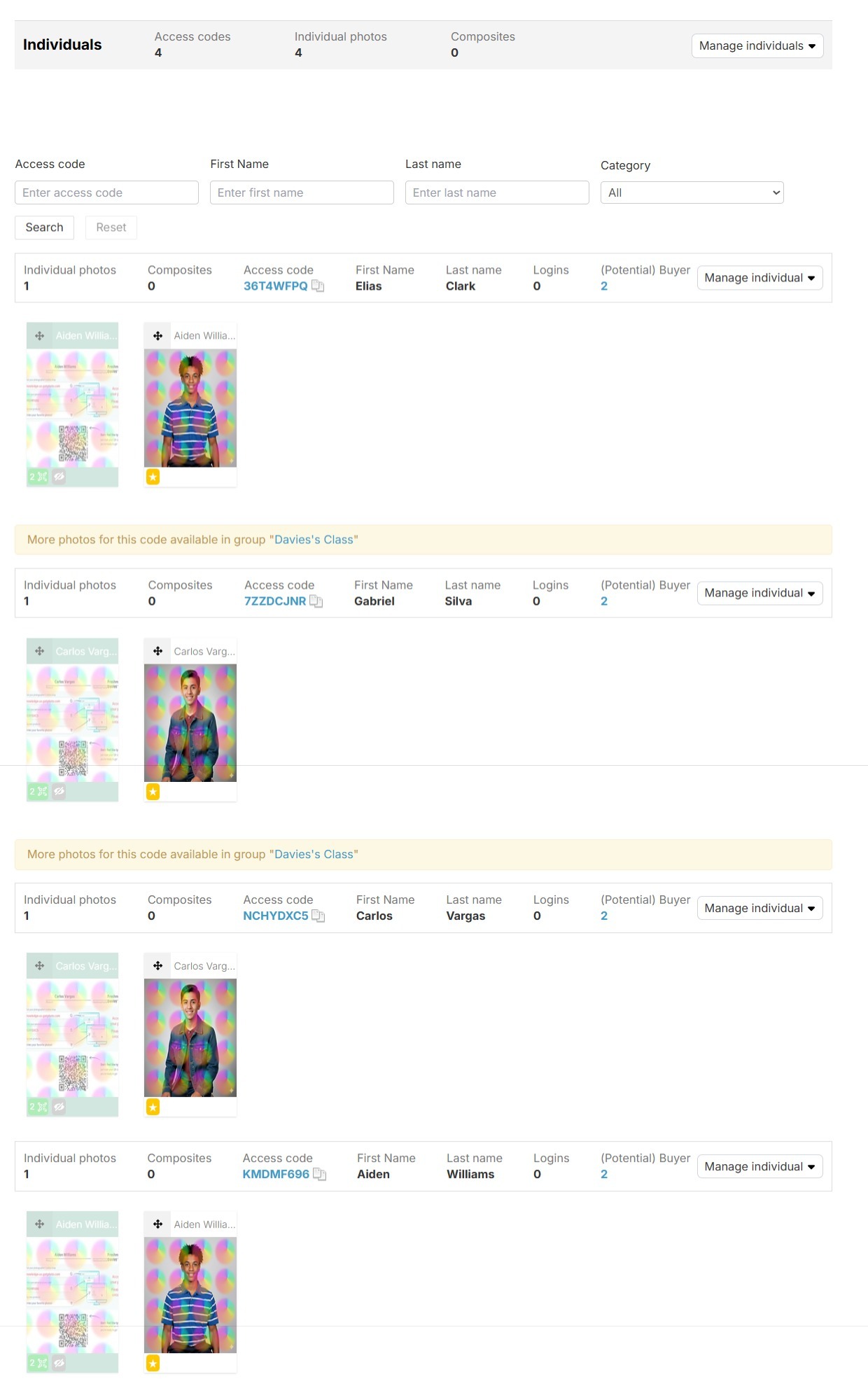 Album view with access code grouping