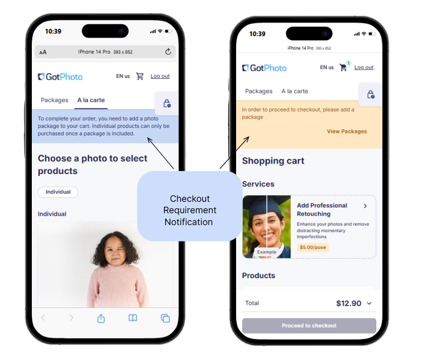 Two phone screens showing checkout notifications about adding a photo package before completing an order.