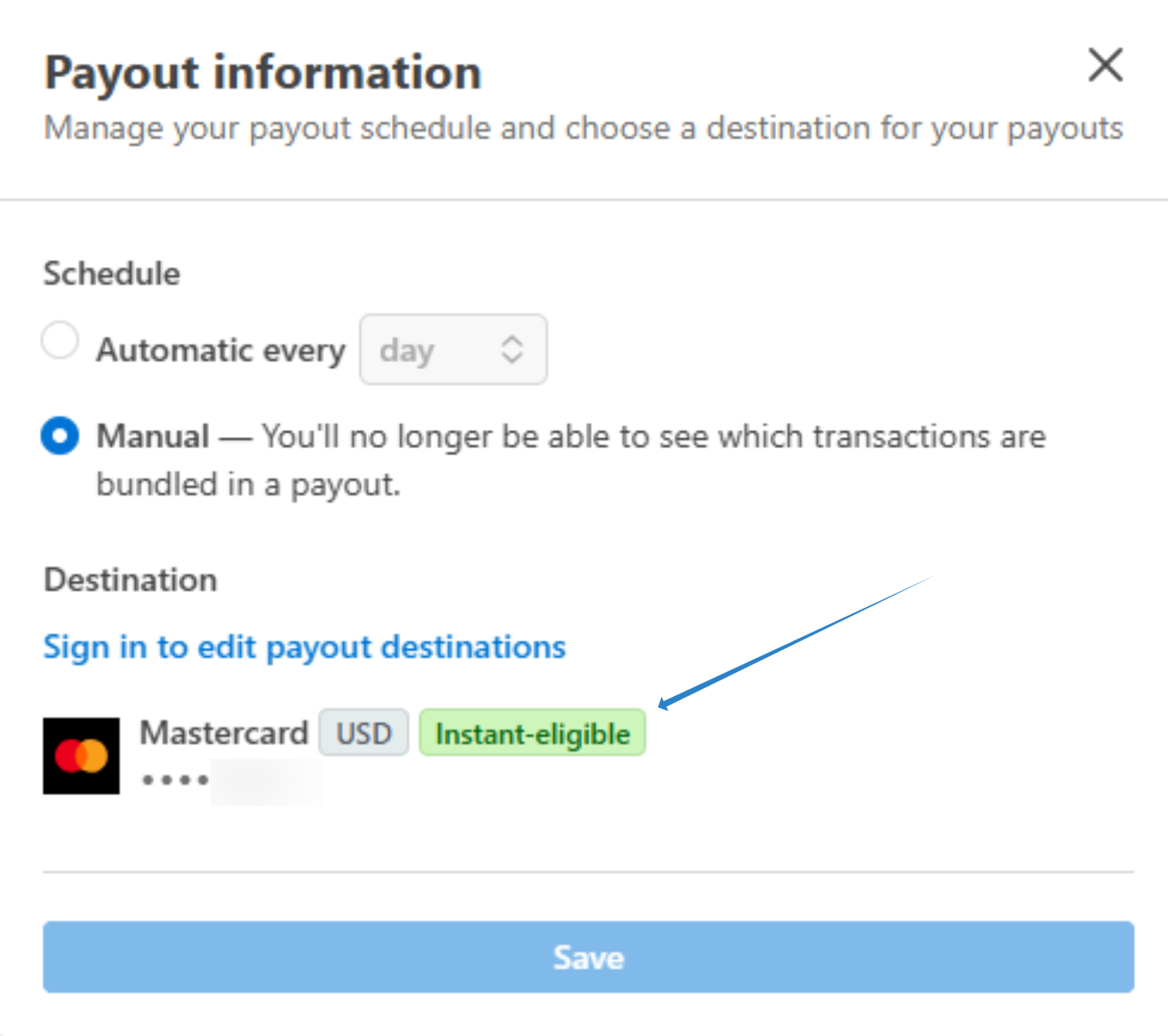 Stripe payout method with instant payout eligibility noted