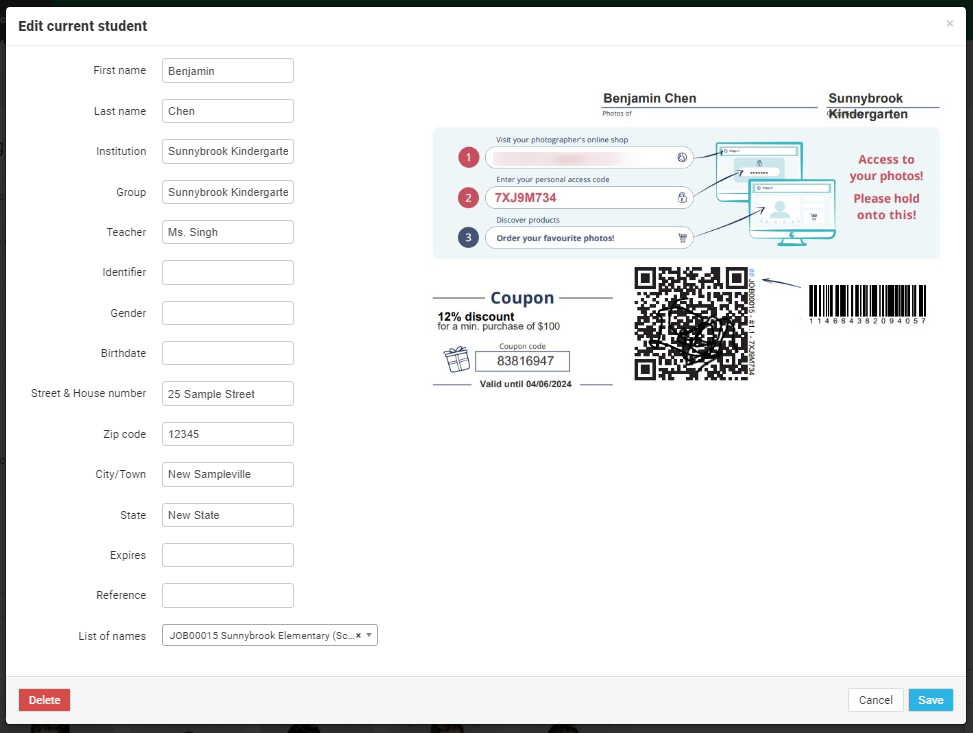 Edit subject information popup with save option.