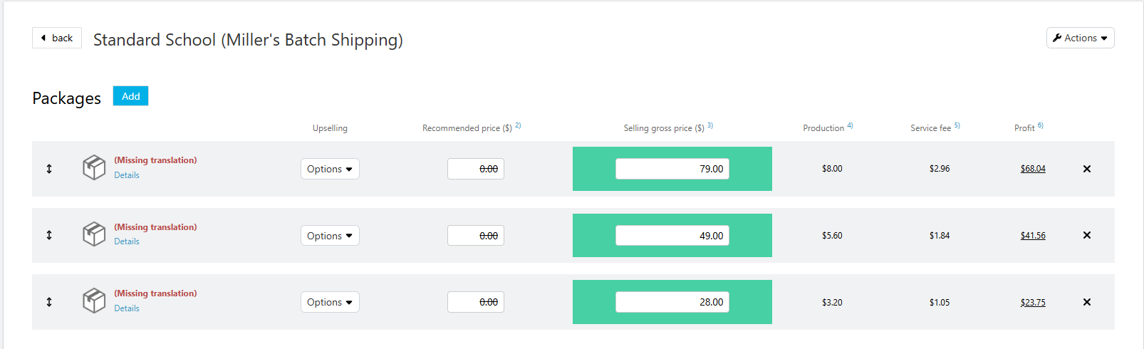 Price profile showing missing translation error in package names.