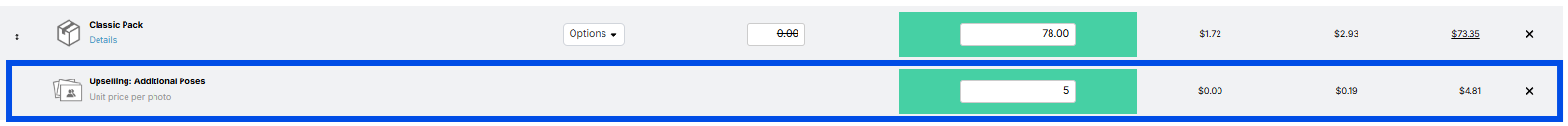 Dropdown menu showing upselling options for single-pose packages