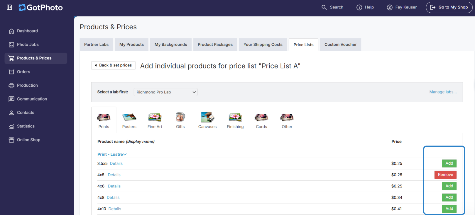 Add or remove individual products in the list