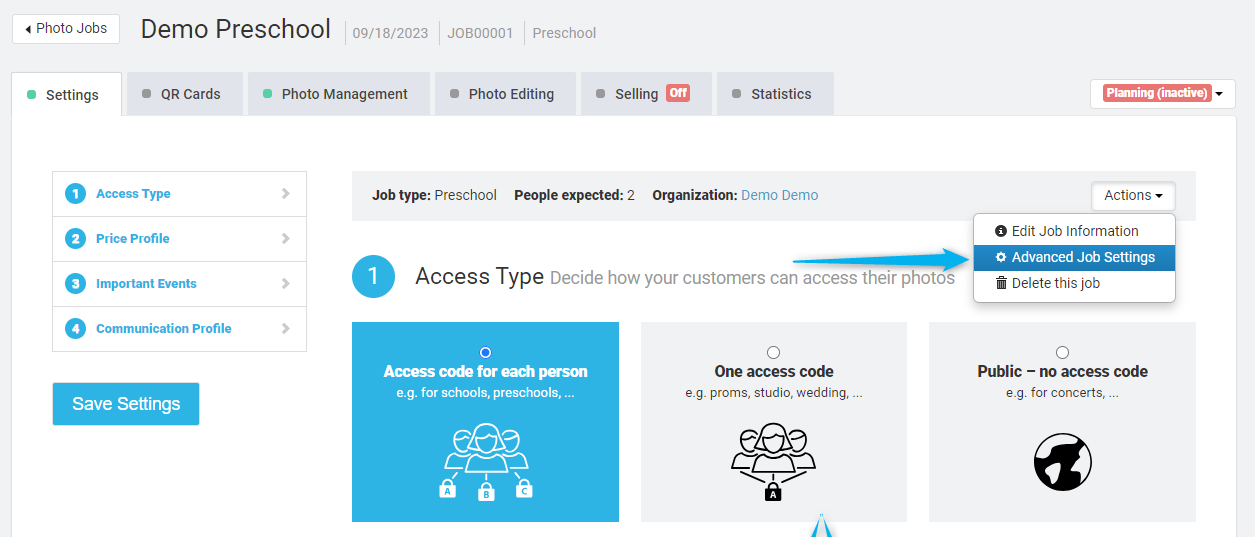 Job Settings Actions menu screenshot