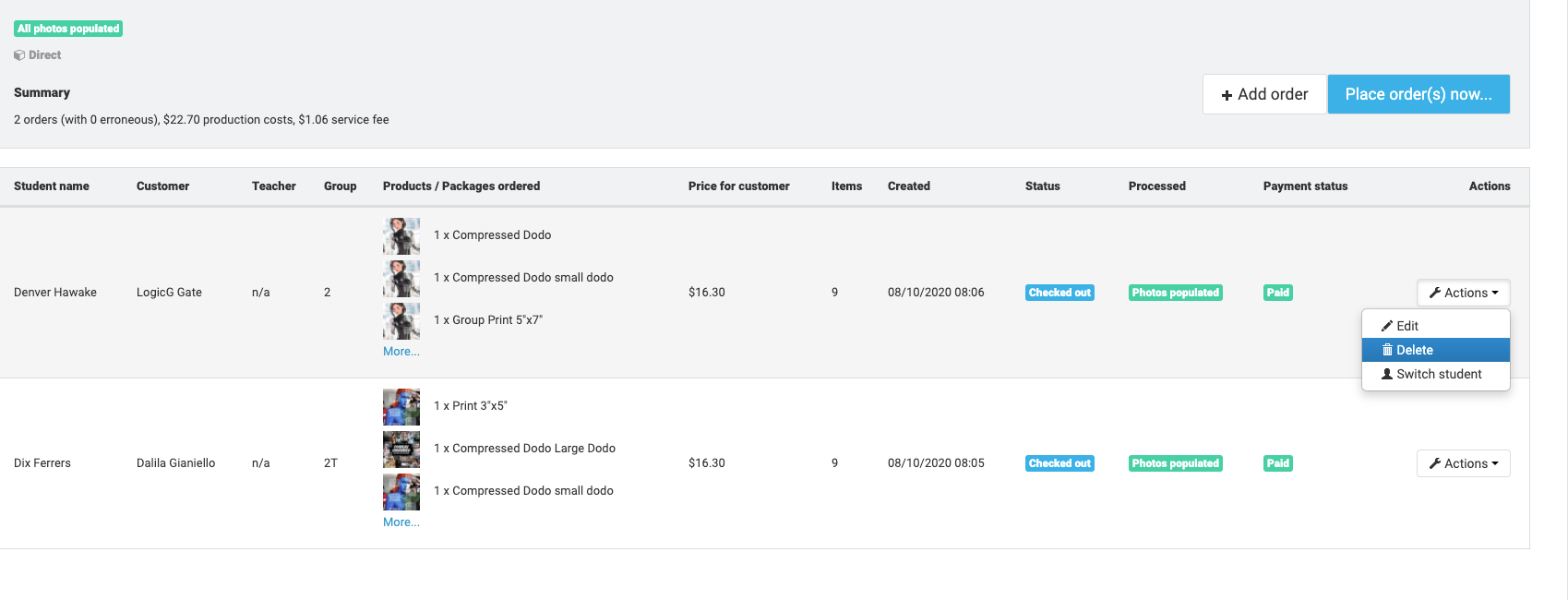 Prepay order list showing two paid and photo-populated orders, with the 'Delete' option selected from the Actions menu.