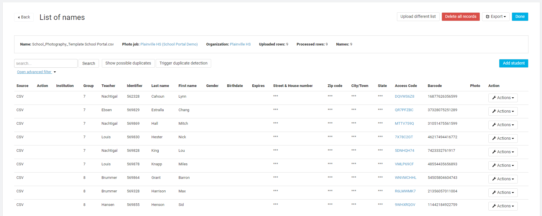 Imported names list view.