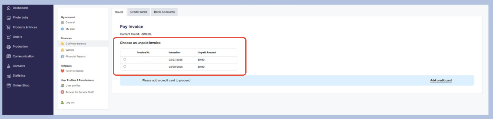 GotPhoto balance screen showing unpaid invoices available to select and pay