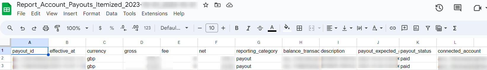 Stripe payout report example