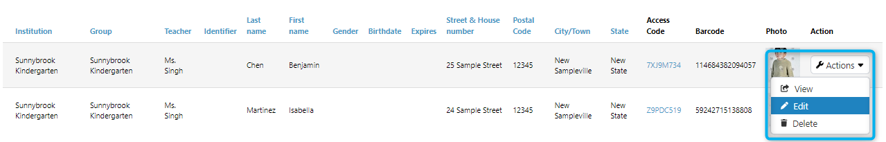 Edit option for a subject in the Actions dropdown menu.