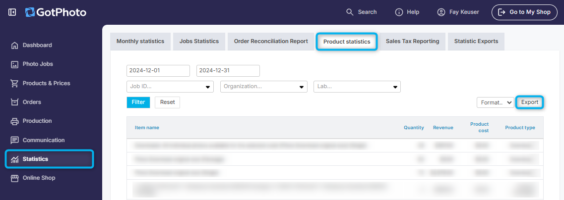Product statistics export view