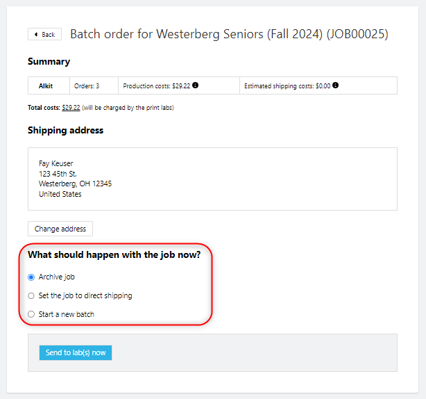 Batch summary with job total and shipping address, highlighting options to archive, direct ship, or start a new batch.